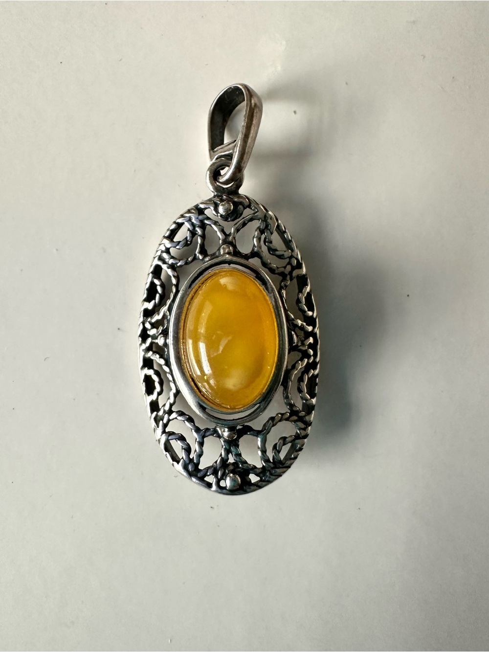 925 Sterling Silver Ornate Filigree Yellow Stone Pendant - Picture 3 of 7